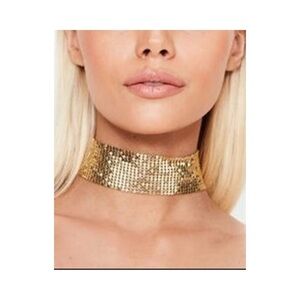Gold Metallic Sequin Choker Necklace With With Secure Adjustable Chain Closure